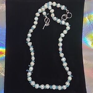 White Fresh Water Pearl and Betroka Blue Apatite Necklace